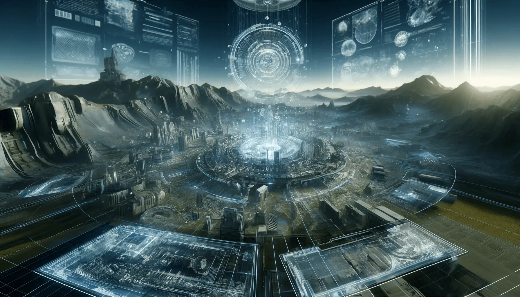 the immersive world of virtual reality gaming, with a focus on a detailed virtual environment that showcases an expansive, futuristic landscape filled with advanced technologies, interactive elements, and a sense of depth and immersion